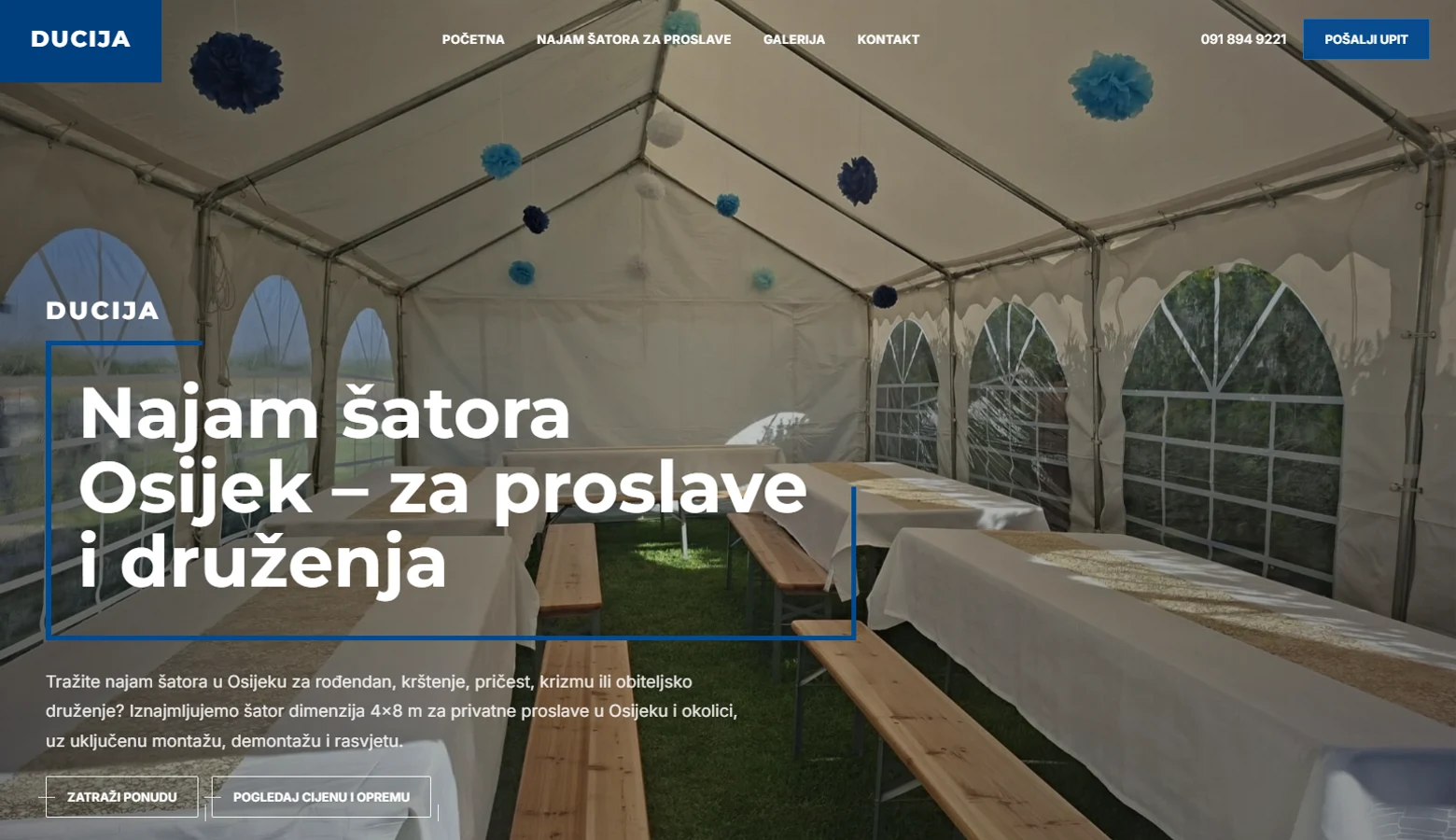 Početna stranica Ducija weba za najam šatora u Osijeku i okolici